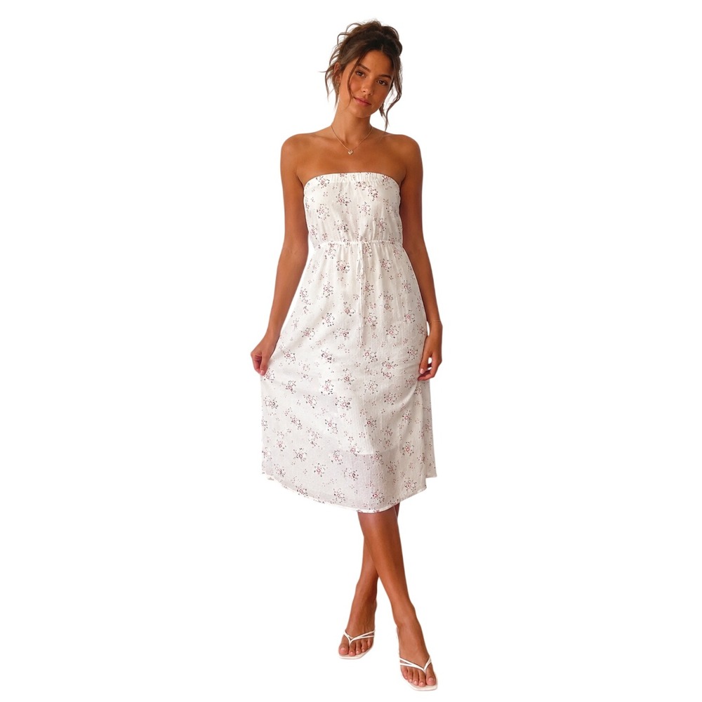 JOLIE White Y2K Floral Strapless Midi Dress Cottagecore Coquette Milkmaid M